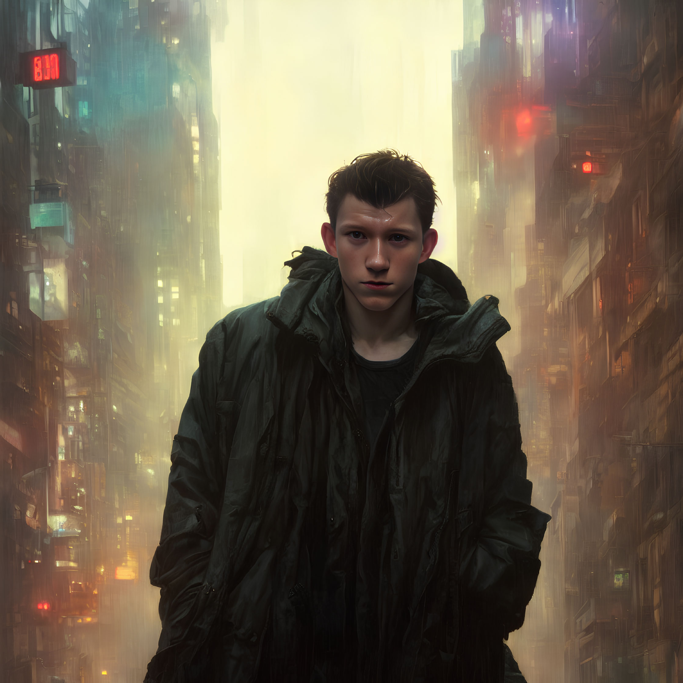 Young man in green hooded jacket in futuristic city alley with neon lights and tall buildings.