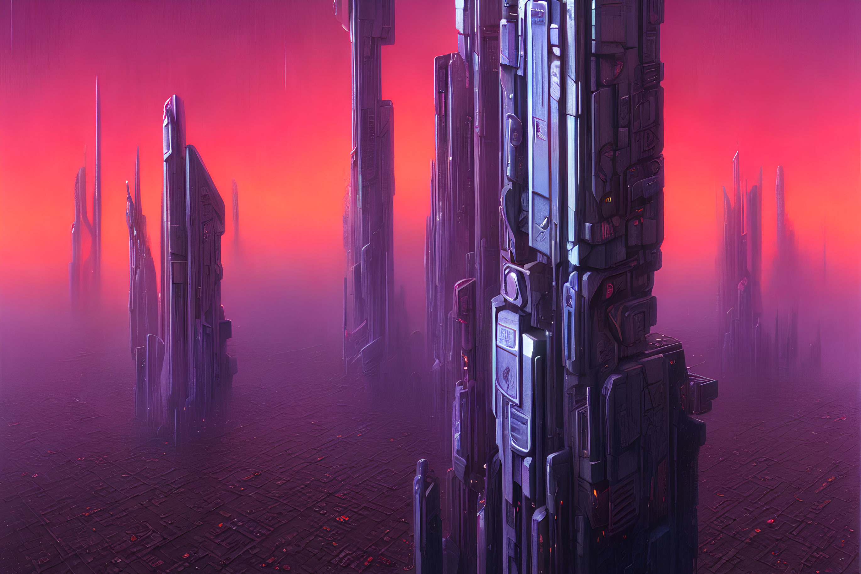 Futuristic cityscape with neon pink and purple haze and sleek skyscrapers