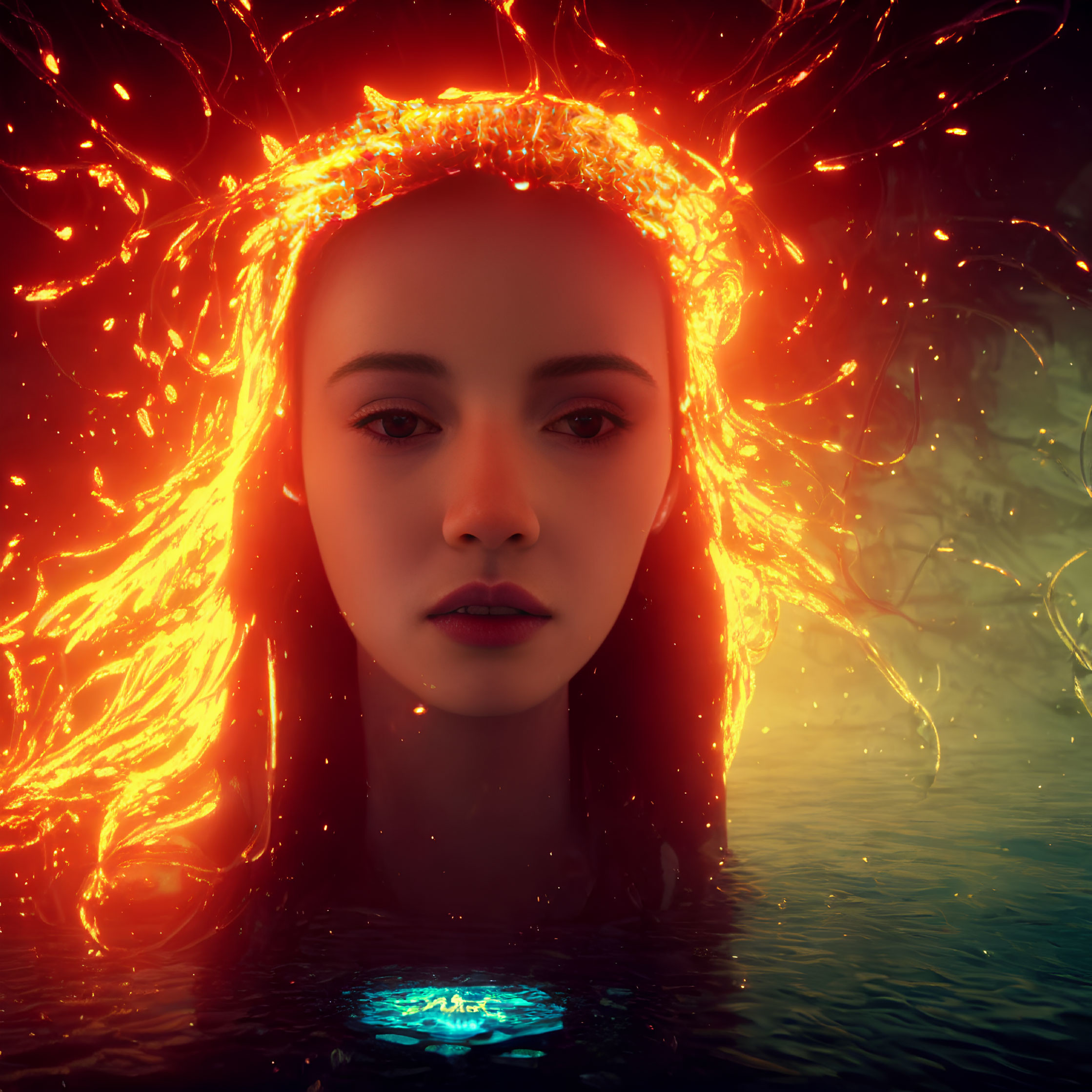 Woman's face emerges from fiery water with halo of flames.