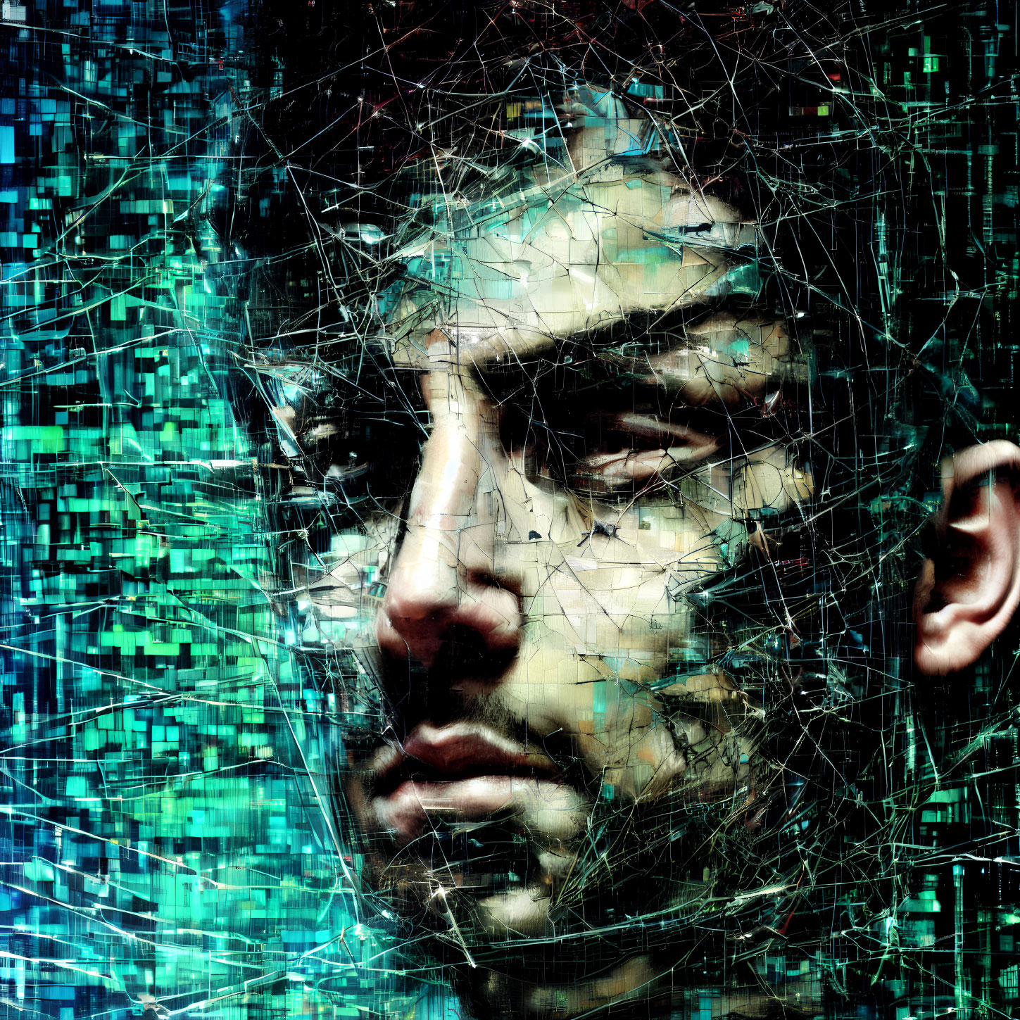 Man's face merging with binary code and geometric lines in digital art.