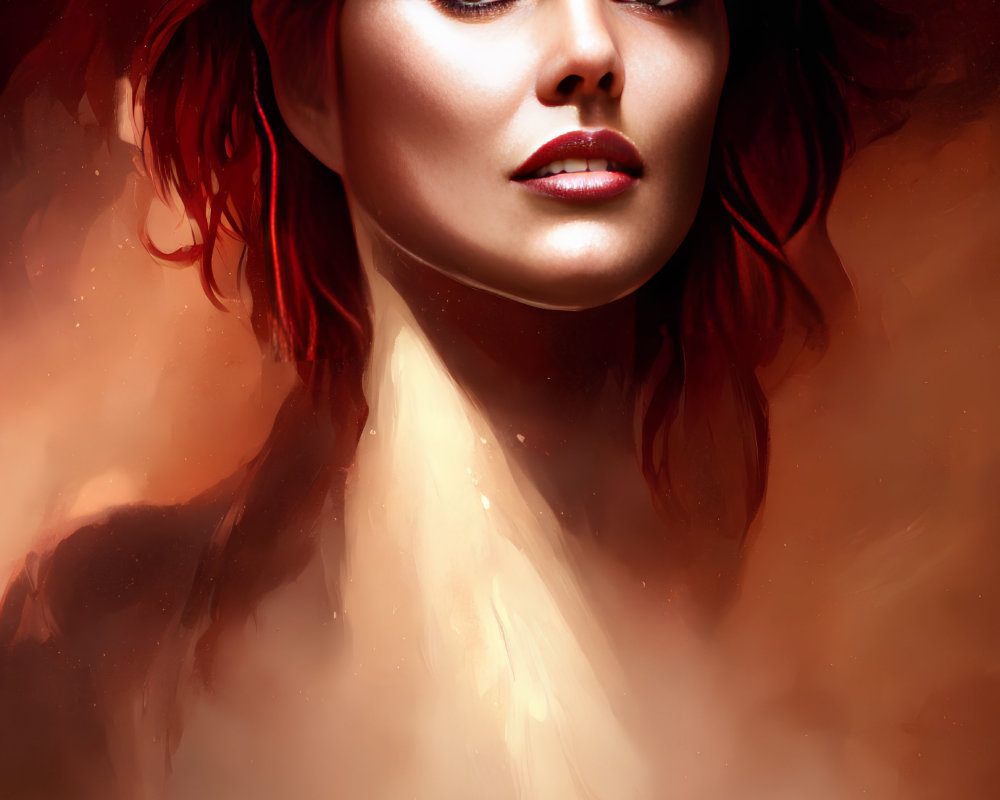 Intense-eyed woman with red hair and hat in fiery, ethereal portrait