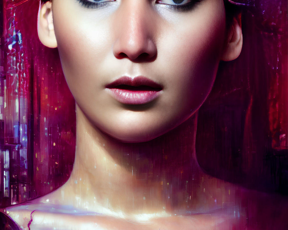 Digital artwork featuring woman with striking eyes, glossy lips, and futuristic skin effect on pink and purple backdrop