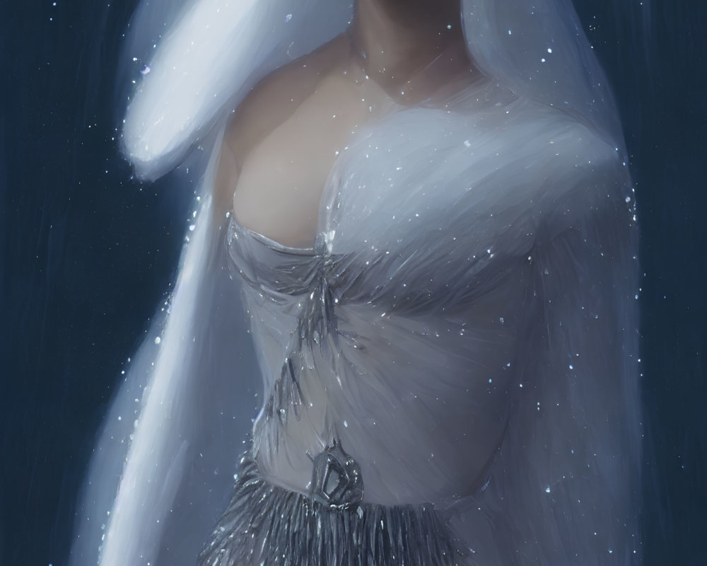 Illustration of woman with crown in white outfit in snowfall