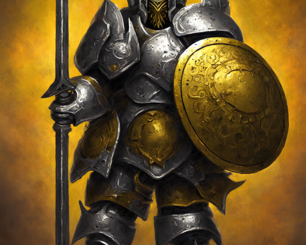 Armored knight with glowing blue eye, halberd, shield on golden backdrop