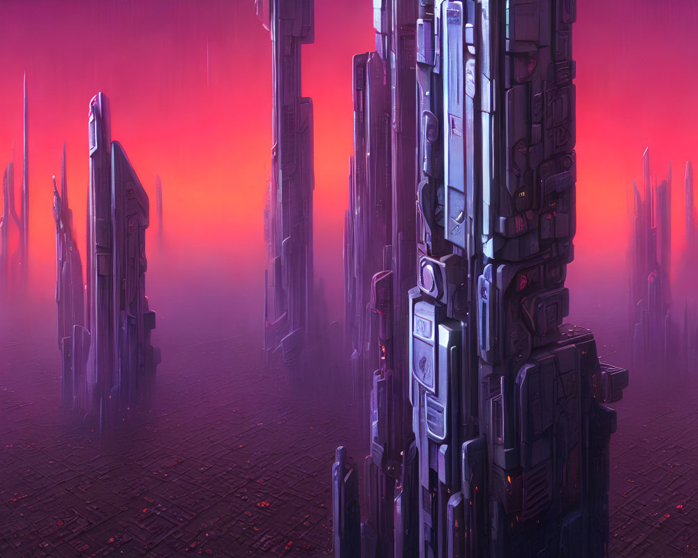 Futuristic cityscape with neon pink and purple haze and sleek skyscrapers