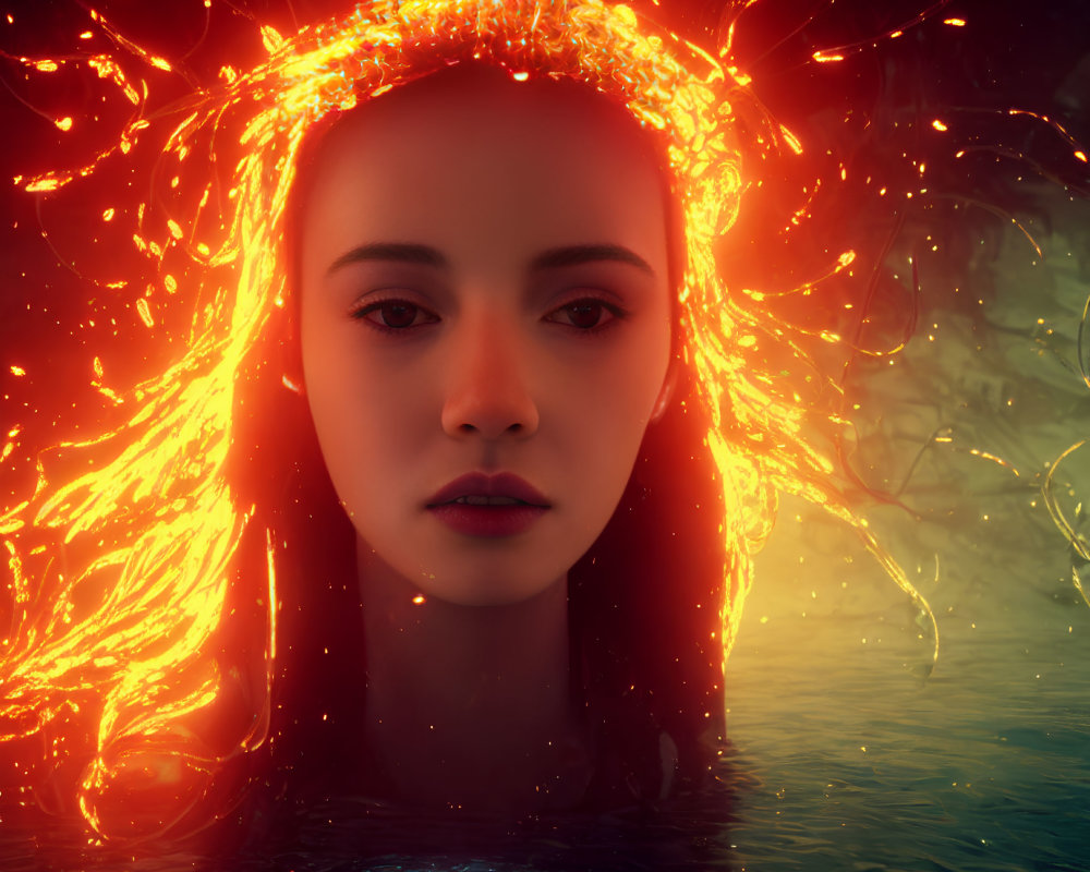 Woman's face emerges from fiery water with halo of flames.