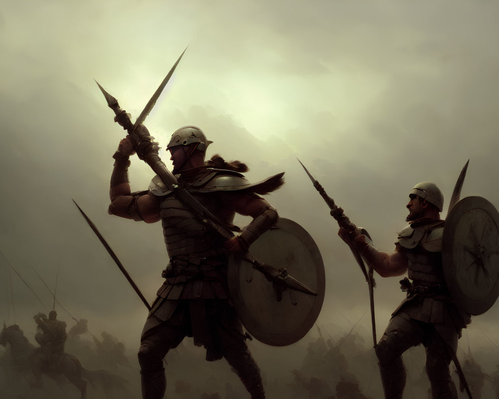 Ancient warriors in helmets and armor with spears and shields under cloudy sky