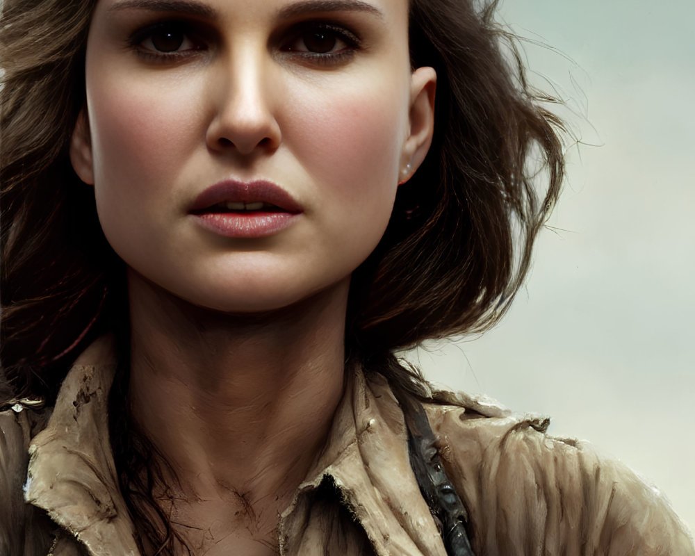 Intense gaze digital portrait of woman with brown wavy hair in beige top