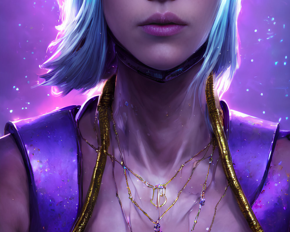 Digital portrait: Woman with blue hair and glowing visor glasses in cosmic setting.