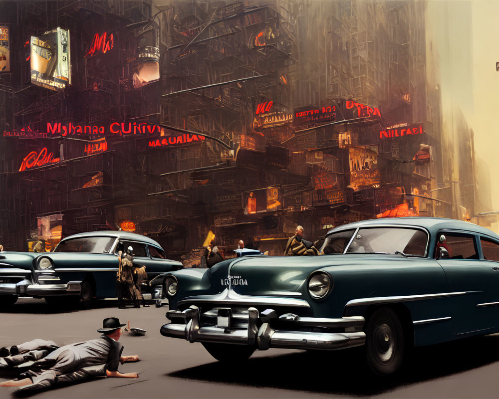 Vintage Cars and Neon Signs in 1950s Urban Street Scene