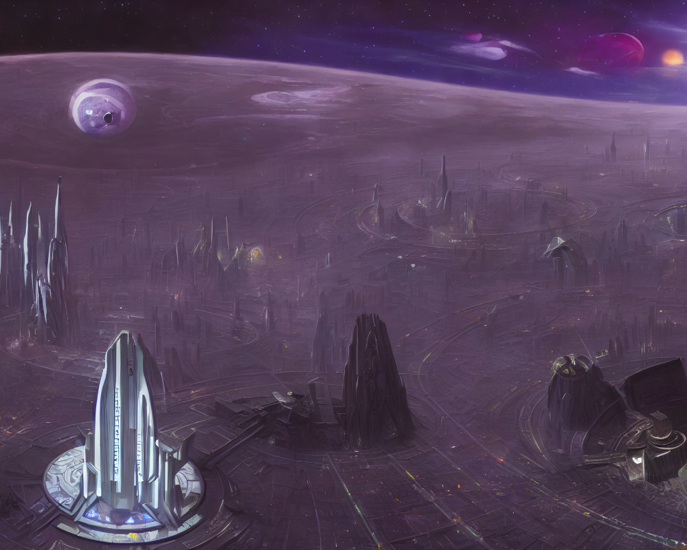 Futuristic alien cityscape with towering spires under starry sky