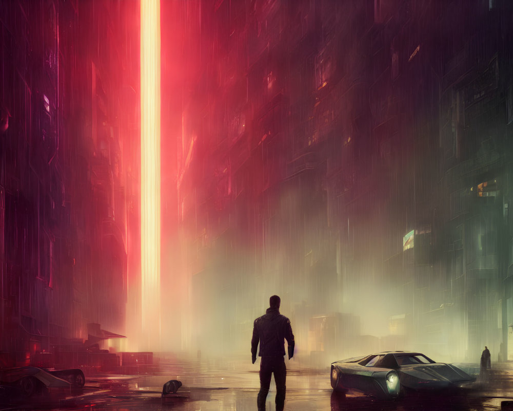 Futuristic cityscape with neon lights and flying cars in the rain