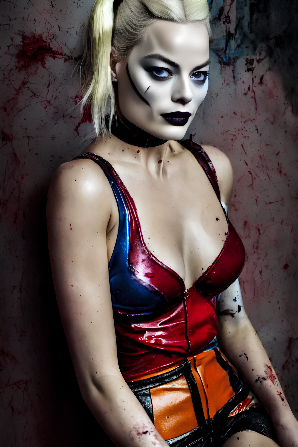 Person in Harley Quinn-style makeup and costume on splattered backdrop