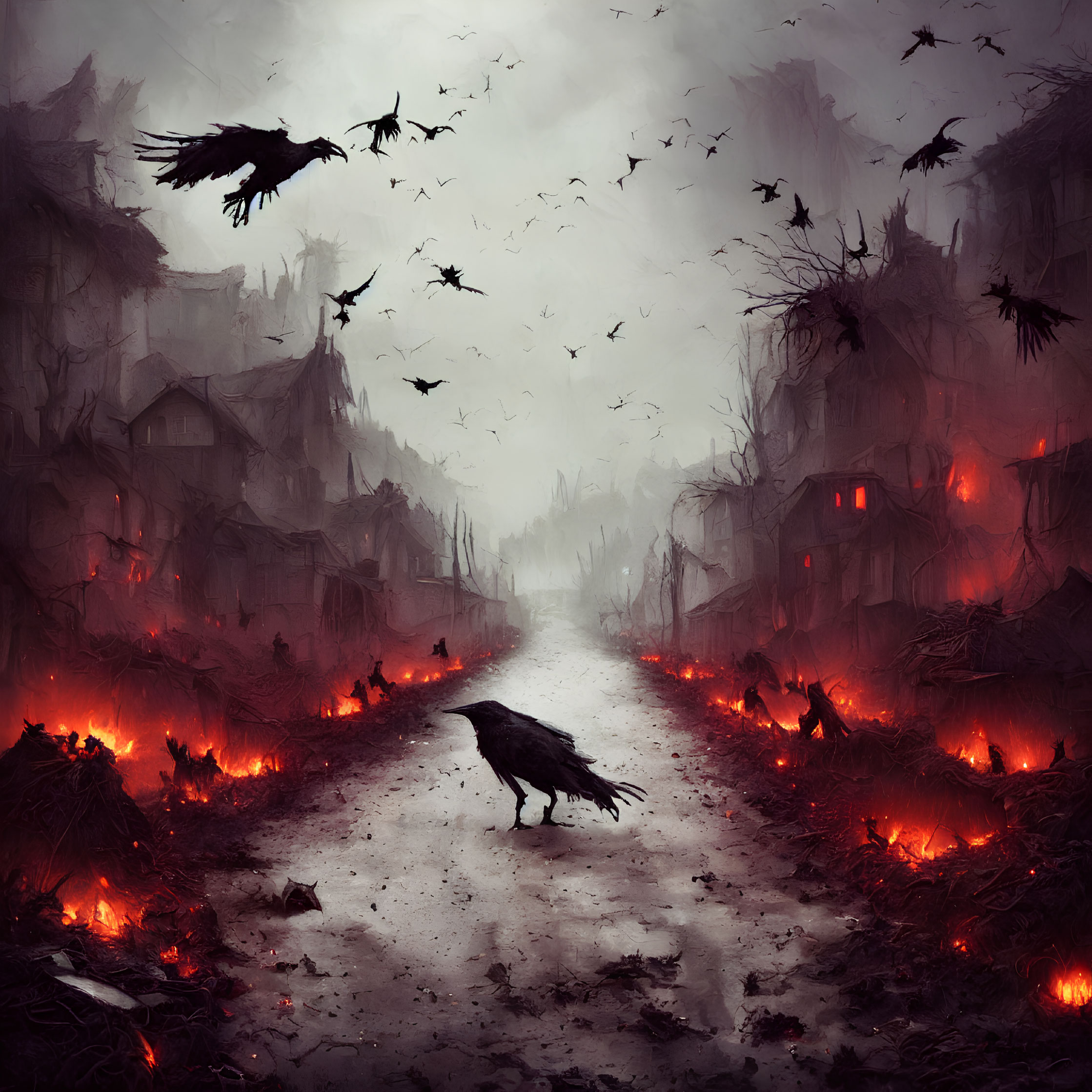 Desolate burning landscape with ravens and ruined buildings