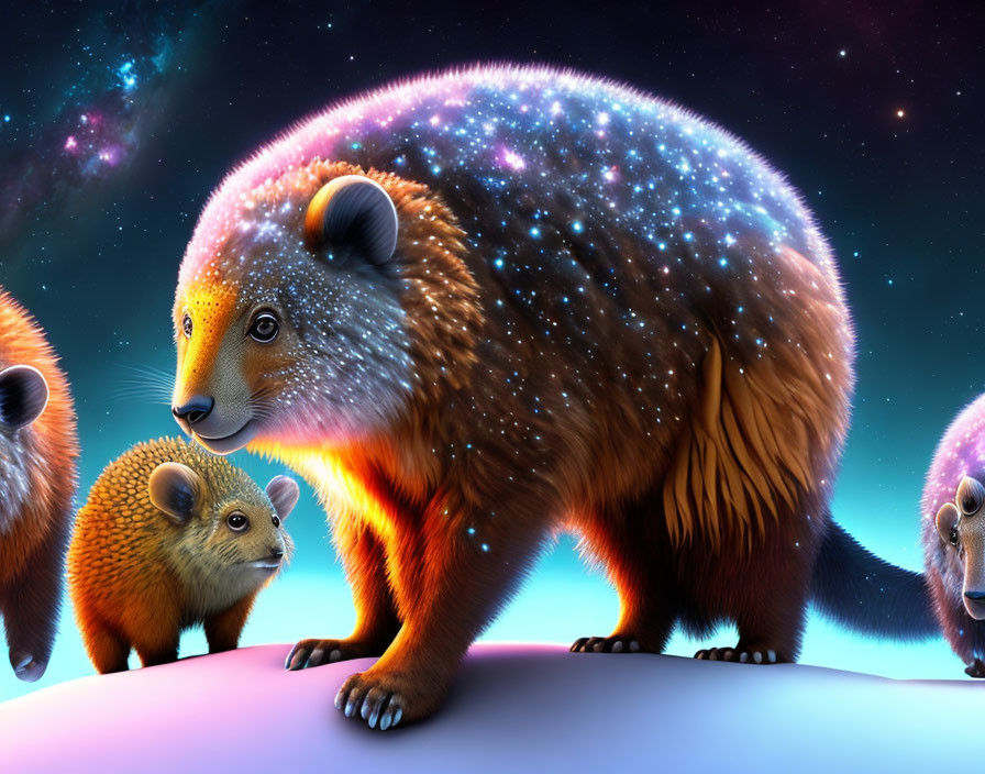 Stylized cosmic bear animals with star-filled fur in vibrant space scene