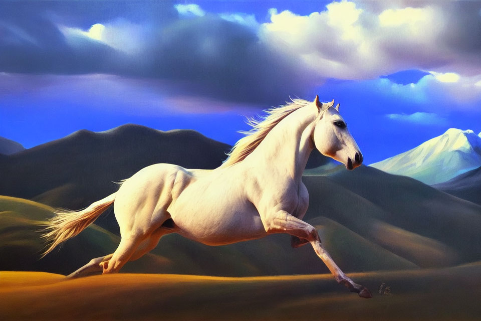 Majestic White Horse Galloping in Green Landscape