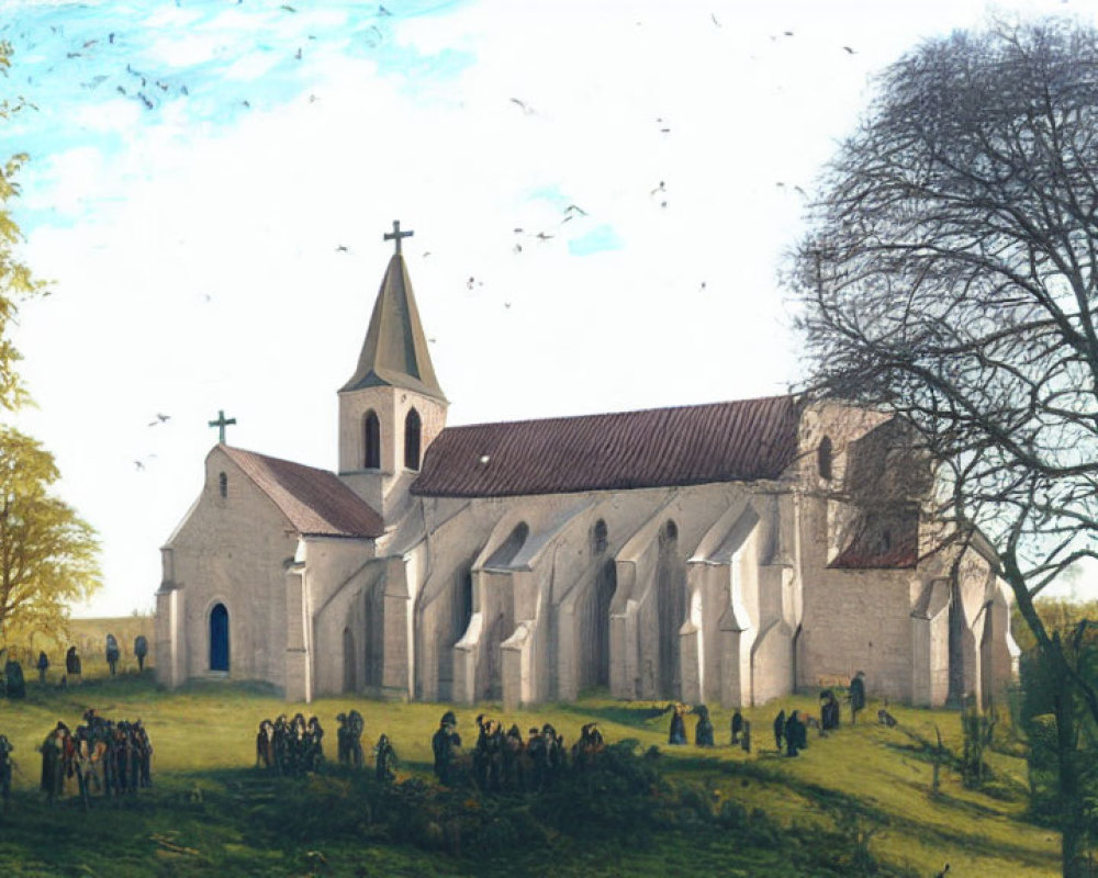 Historic church with people outside, clear sky, birds, and trees.