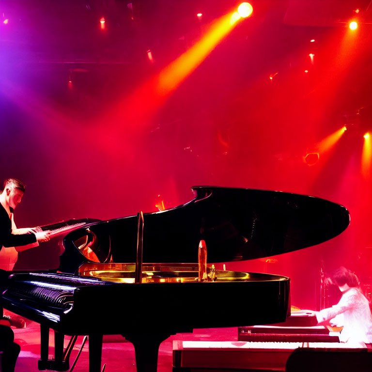 Two people playing grand pianos on stage under red and yellow lights