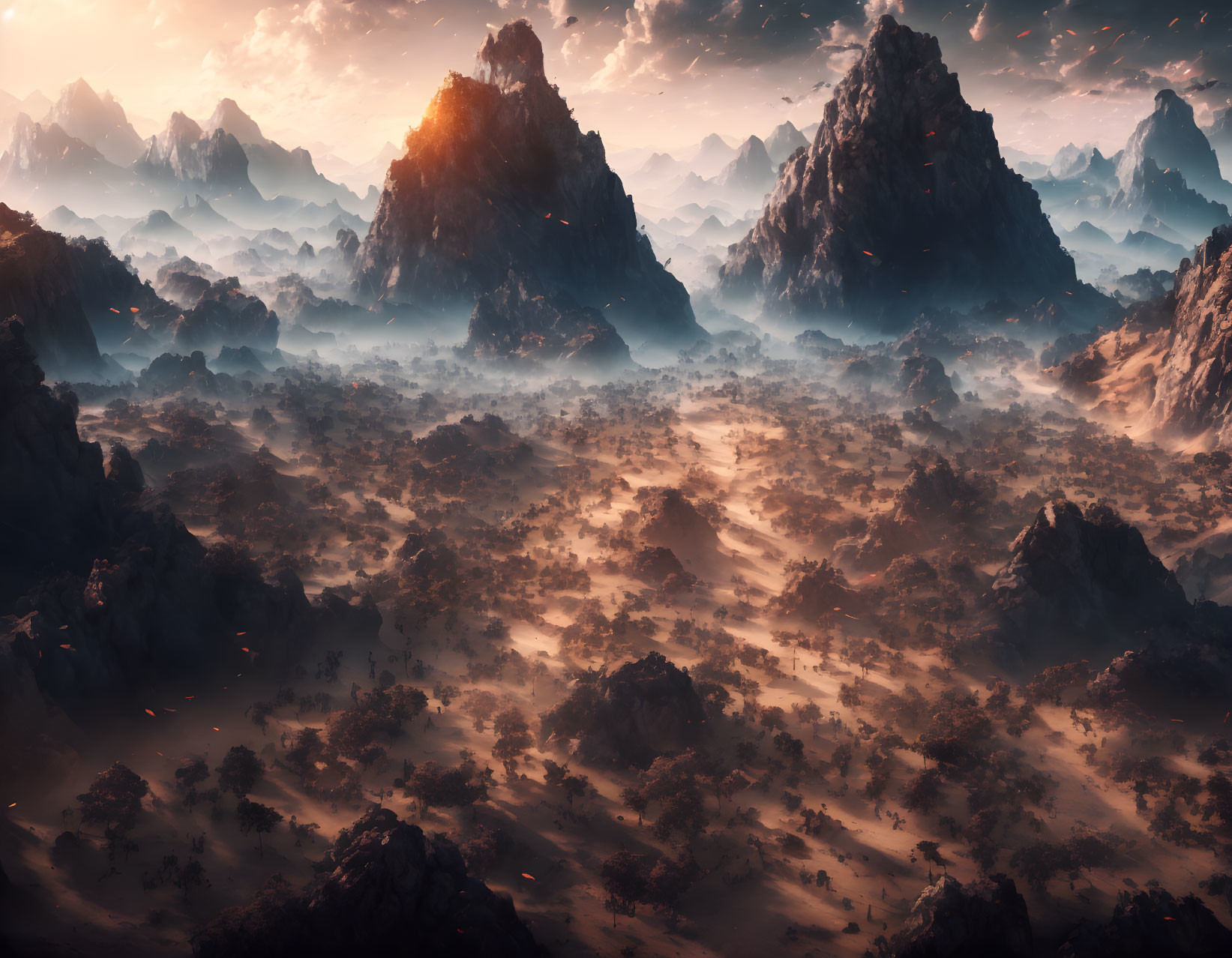 Majestic mountains in glowing sunrise over misty valleys