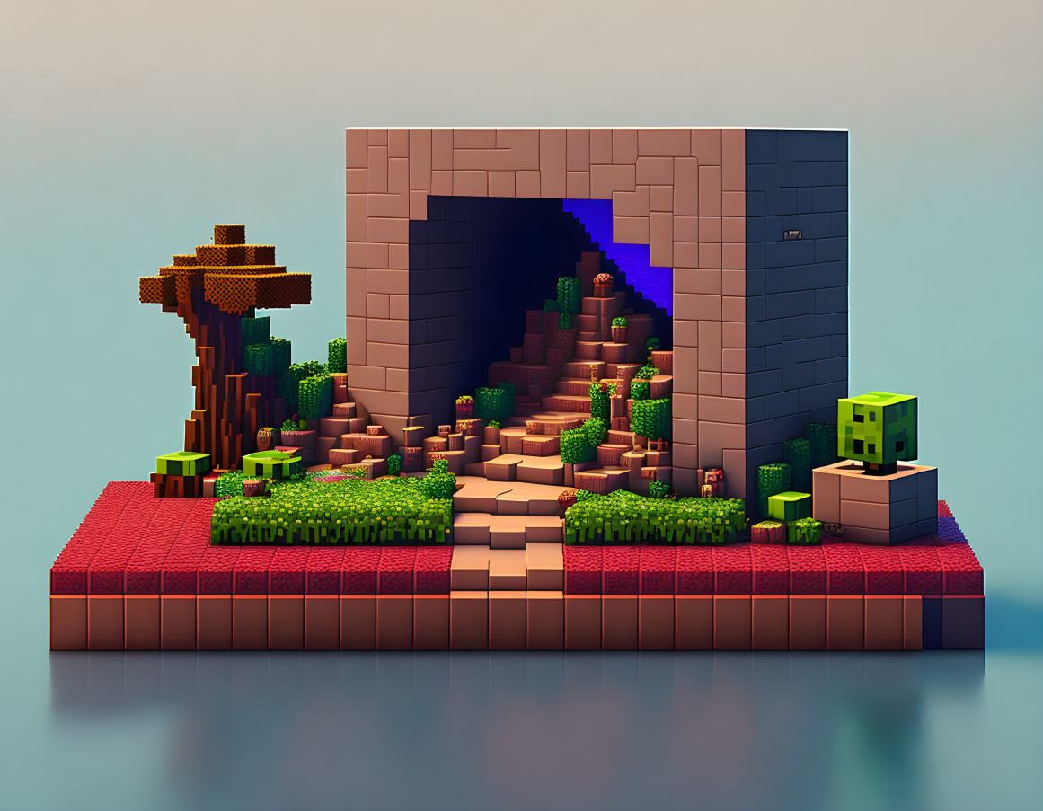 Voxel art of Minecraft scene with creeper, trees, terrain, and cave