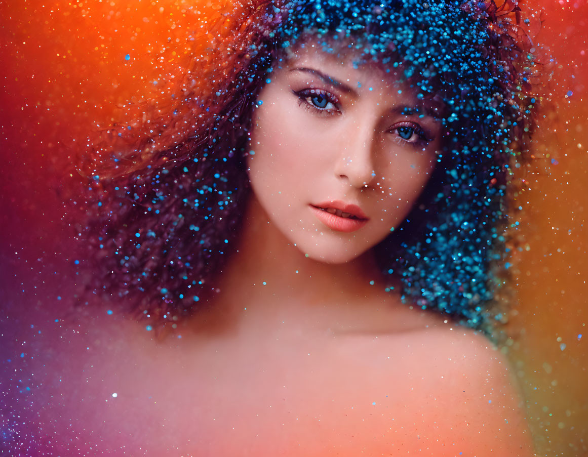 Colorful Glitter Portrait Against Warm Background