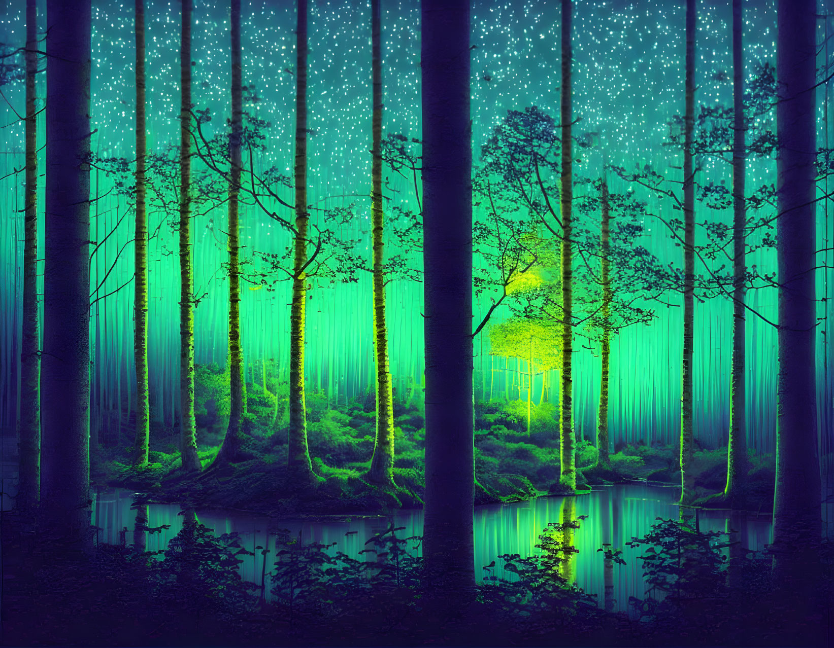 Neon-blue forest with glowing fireflies and mysterious yellow light