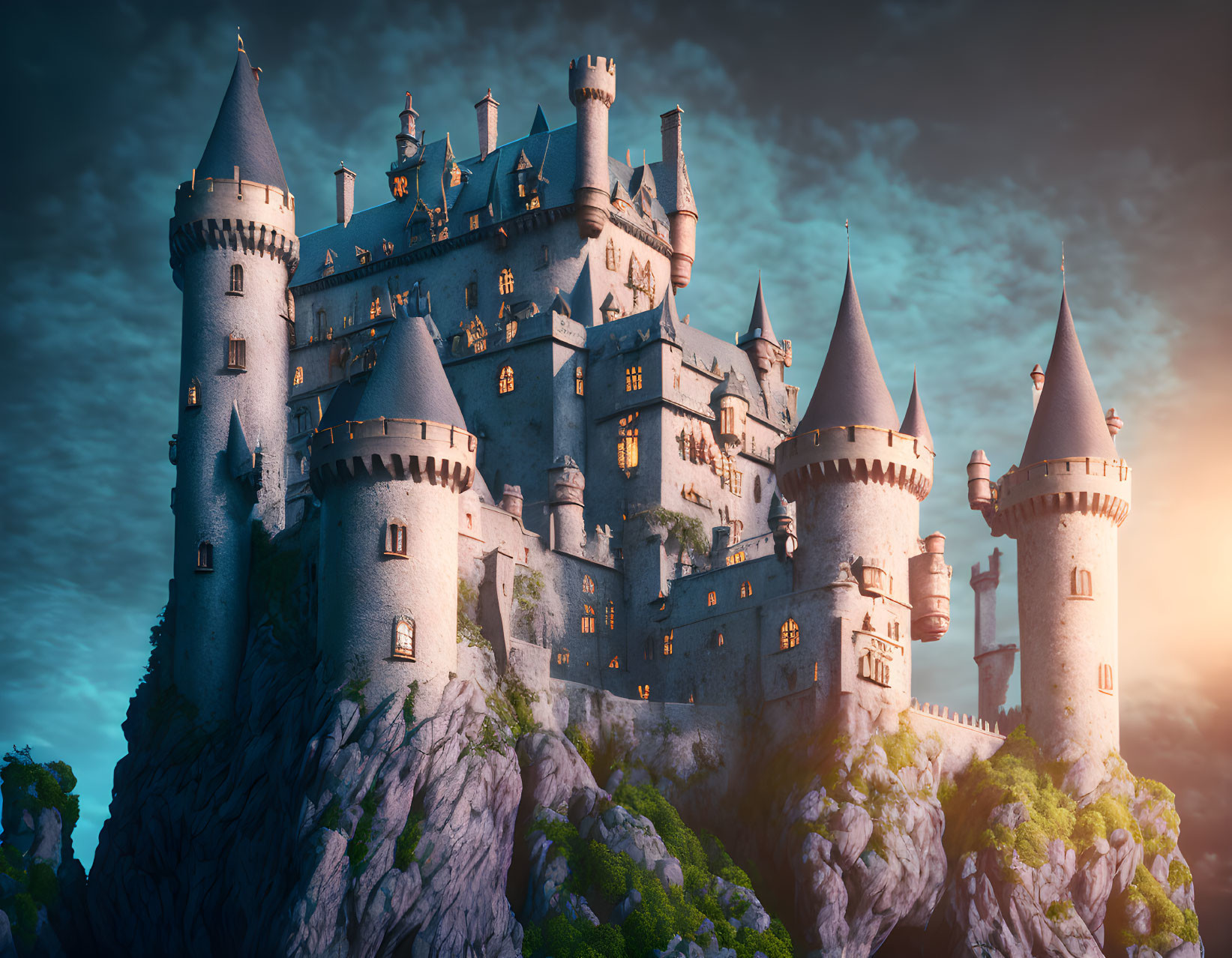 Enchanting fairy-tale castle on rugged cliff at sunrise.