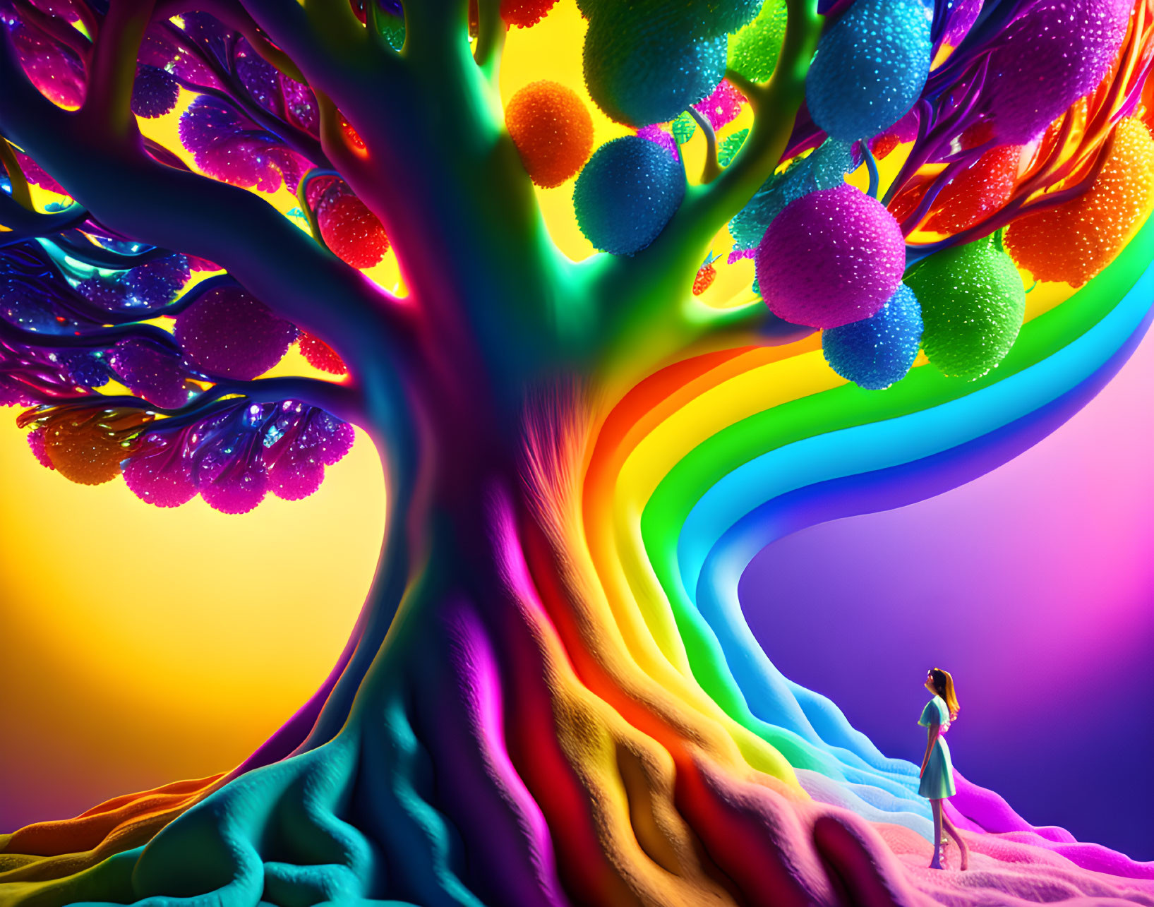 Colorful surreal landscape with rainbow tree and luminous spheres.