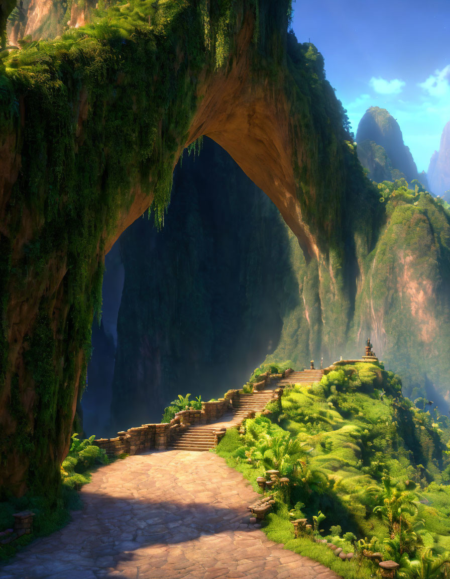 Stone pathway through lush greenery to natural mountain archway