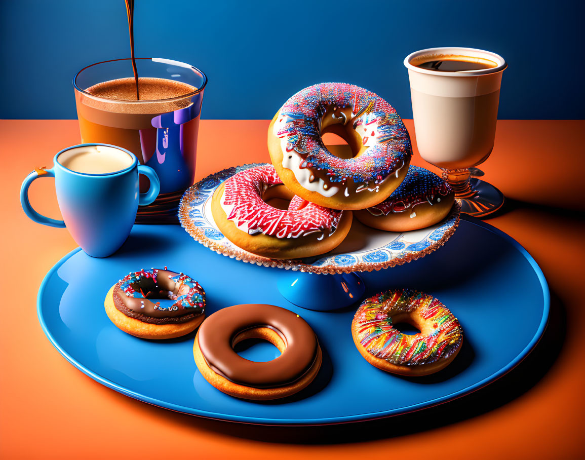 Assorted donuts with coffee and hot chocolate on blue plate and orange backdrop