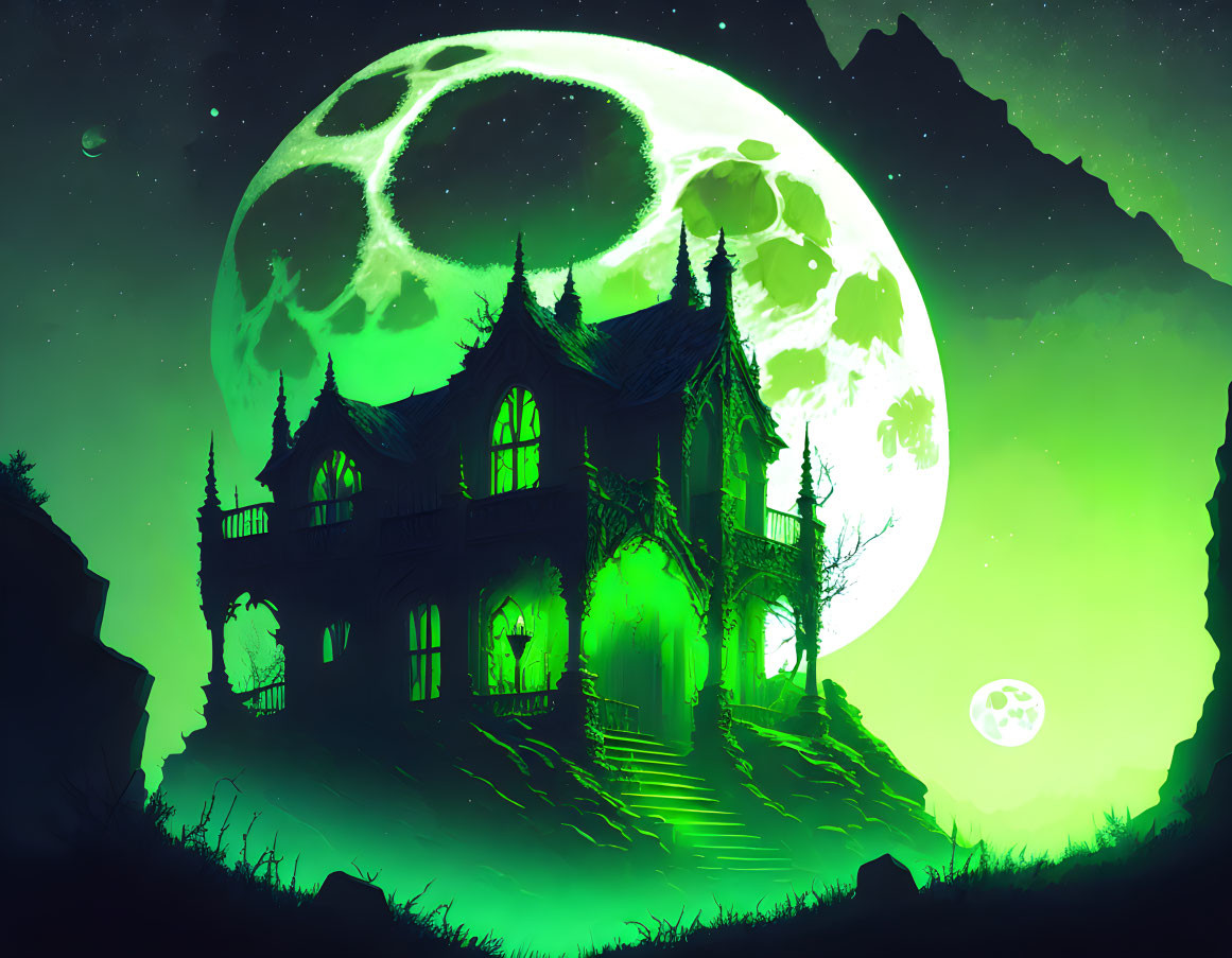 Eerie green-lit Gothic mansion under large moon