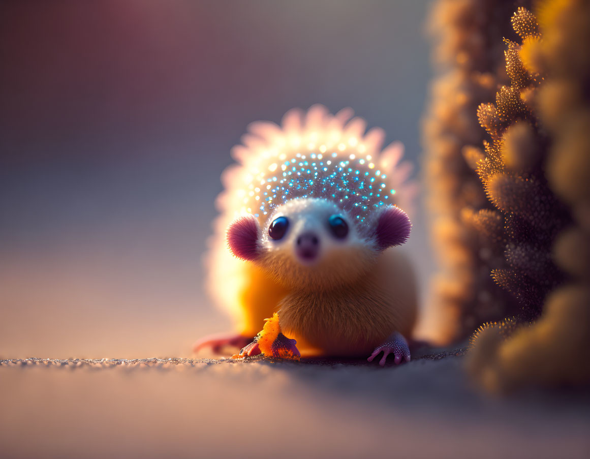 Whimsical digital illustration of cute glowing hedgehog in dreamy setting