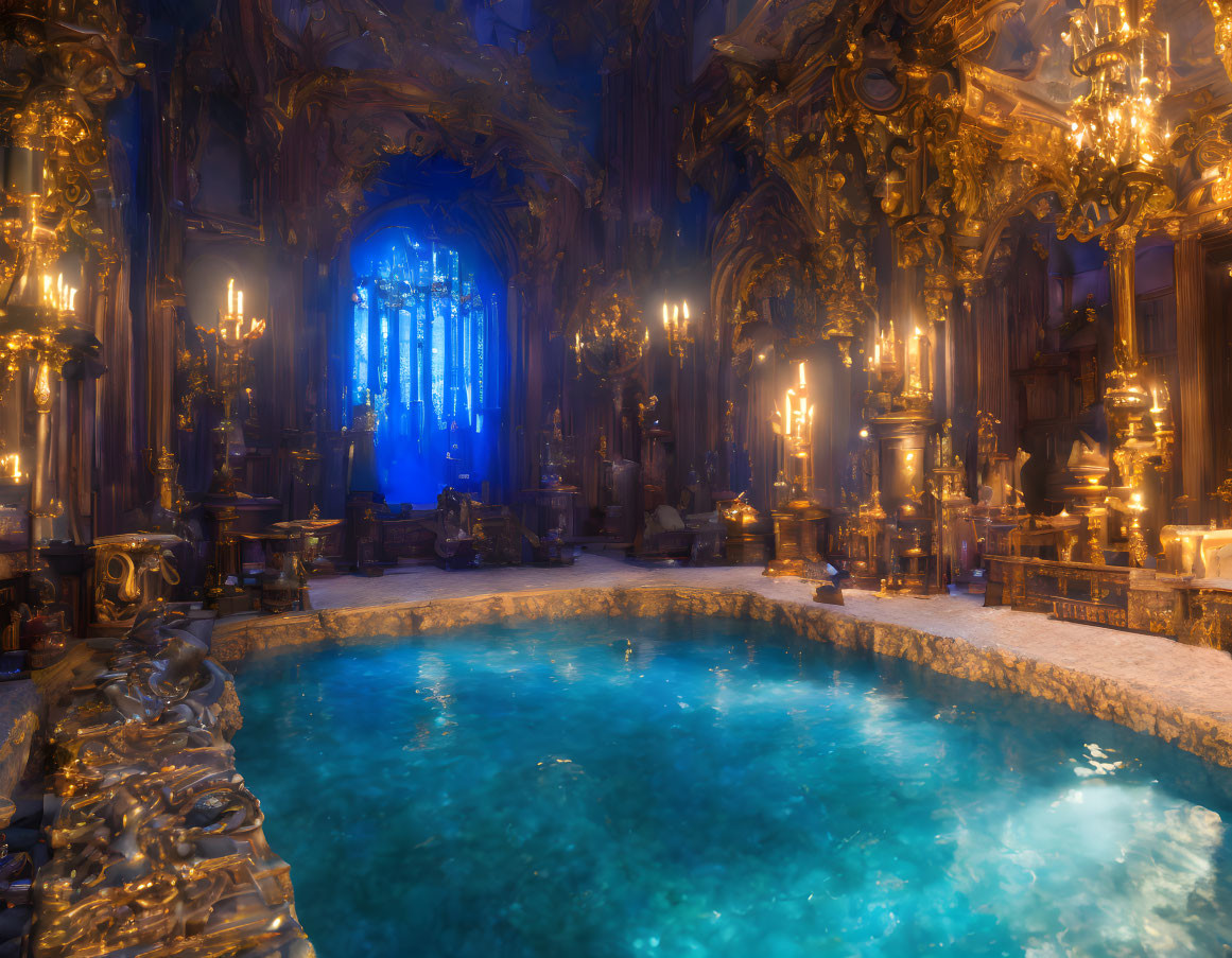 Luxurious Baroque room with golden decor, chandeliers, and reflective blue pool