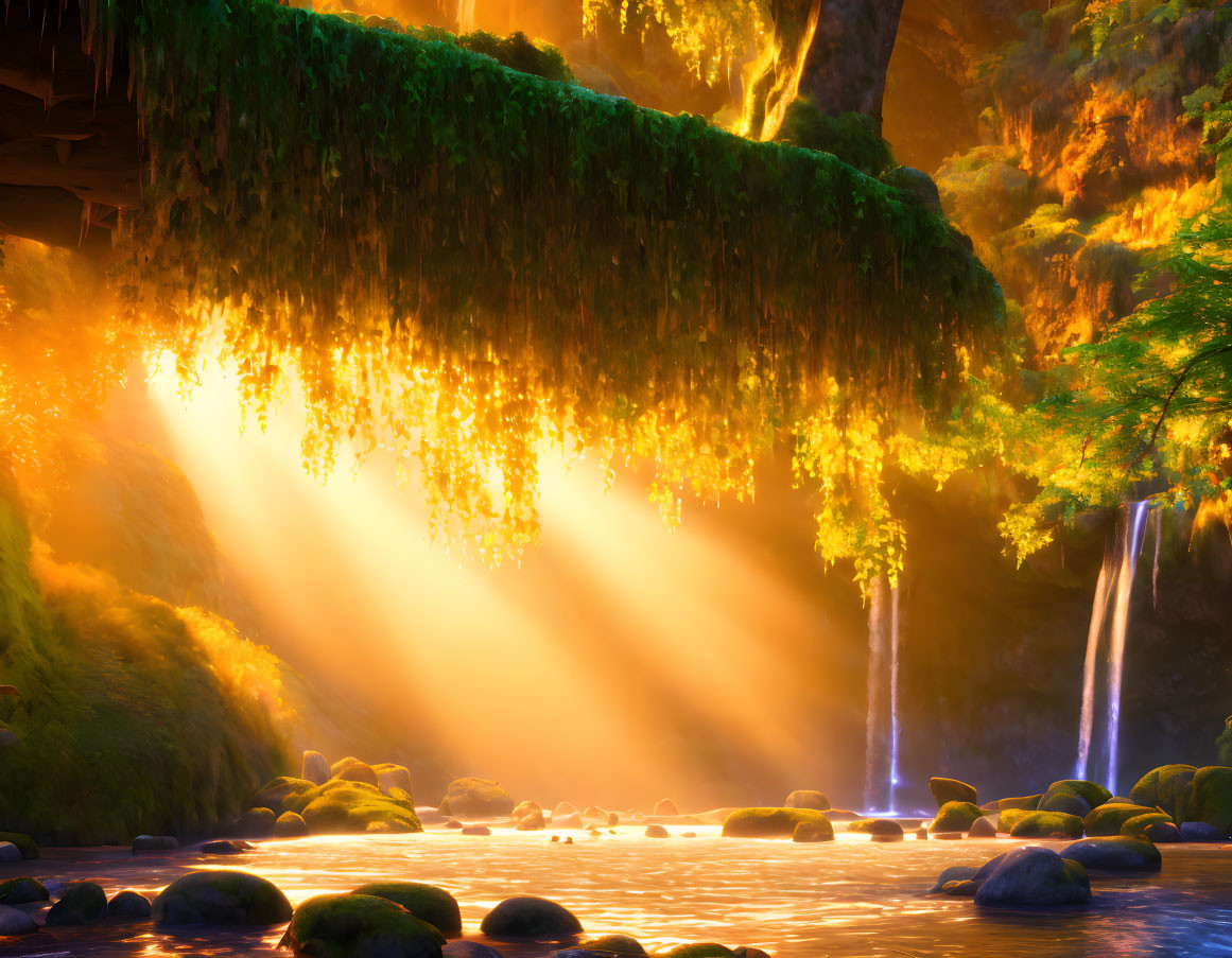 Tranquil waterfall oasis with sunlight through lush foliage