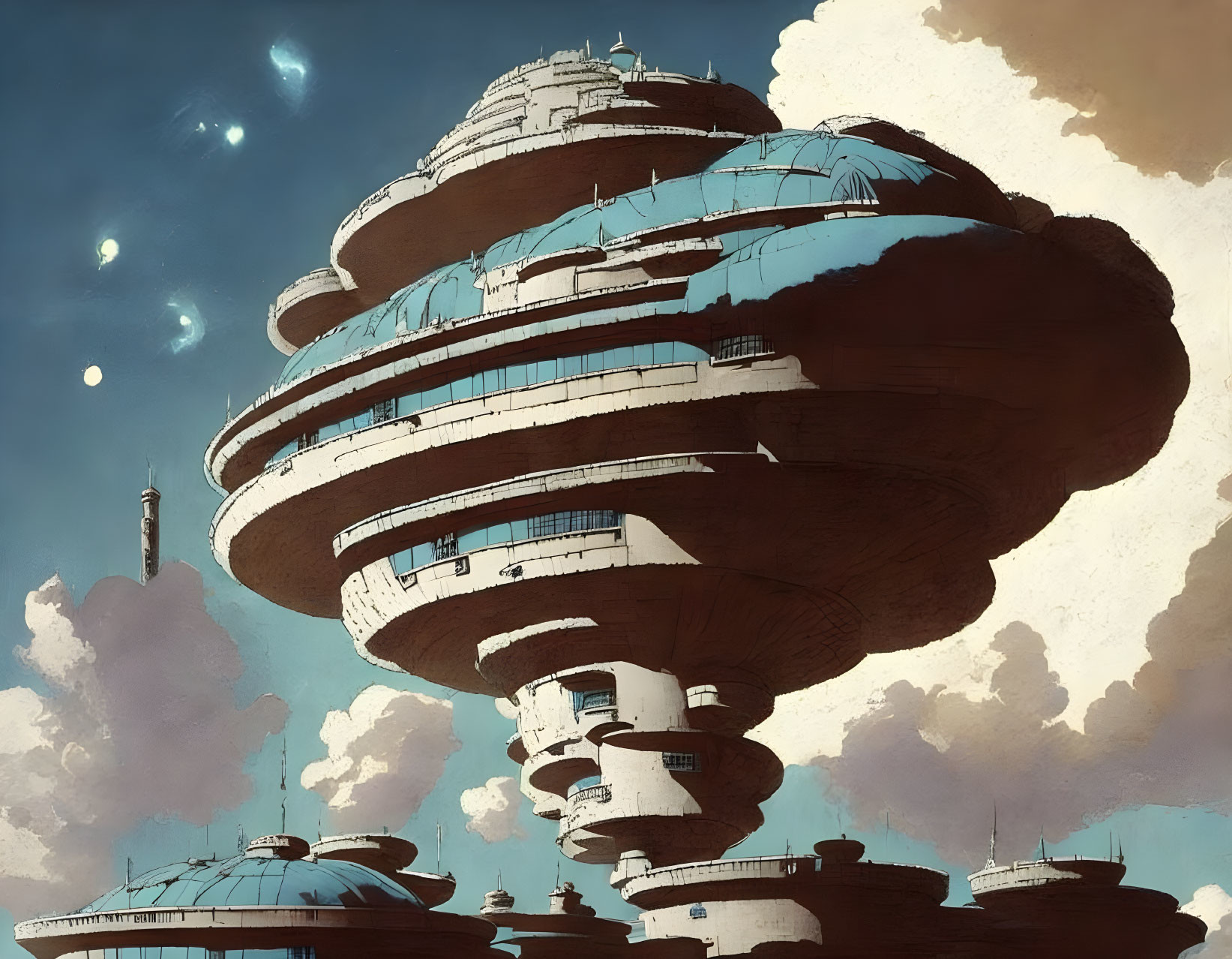 Futuristic multi-tiered city with oval and circular buildings under blue sky