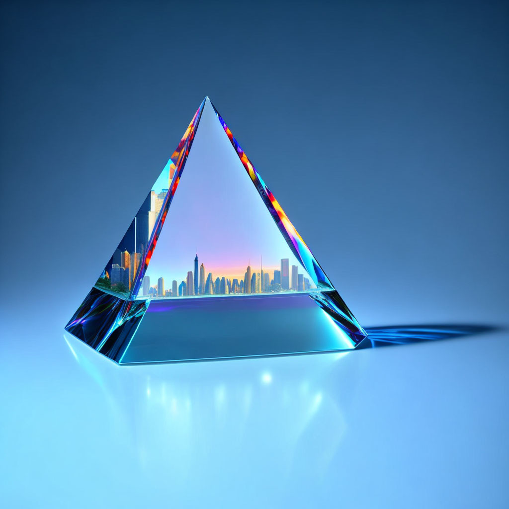 Crystal pyramid reflecting city skyline on blue gradient.