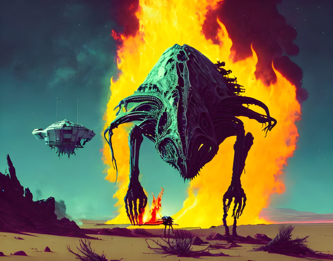 Gigantic skeletal alien on barren landscape with spaceship and teal sky