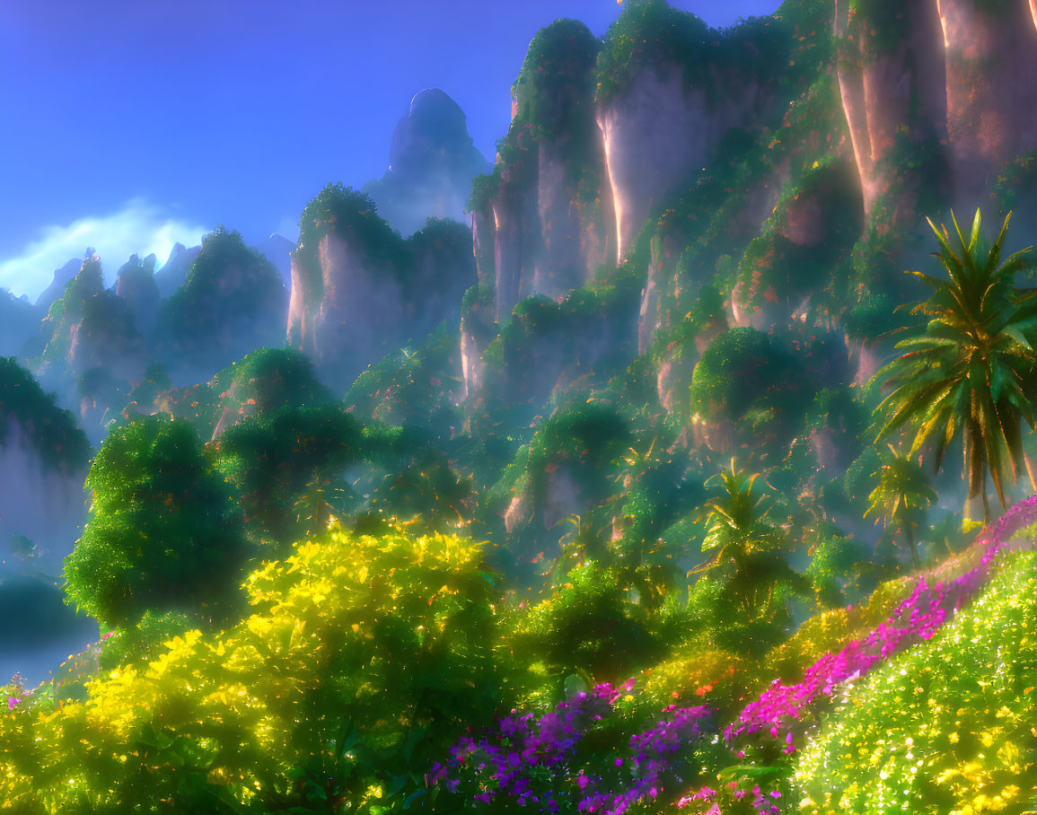 Colorful sunlit landscape with lush greenery and towering cliffs