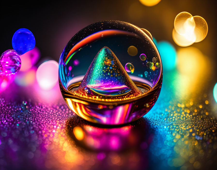 Colorful Crystal Ball Close-Up with Pyramid and Bokeh