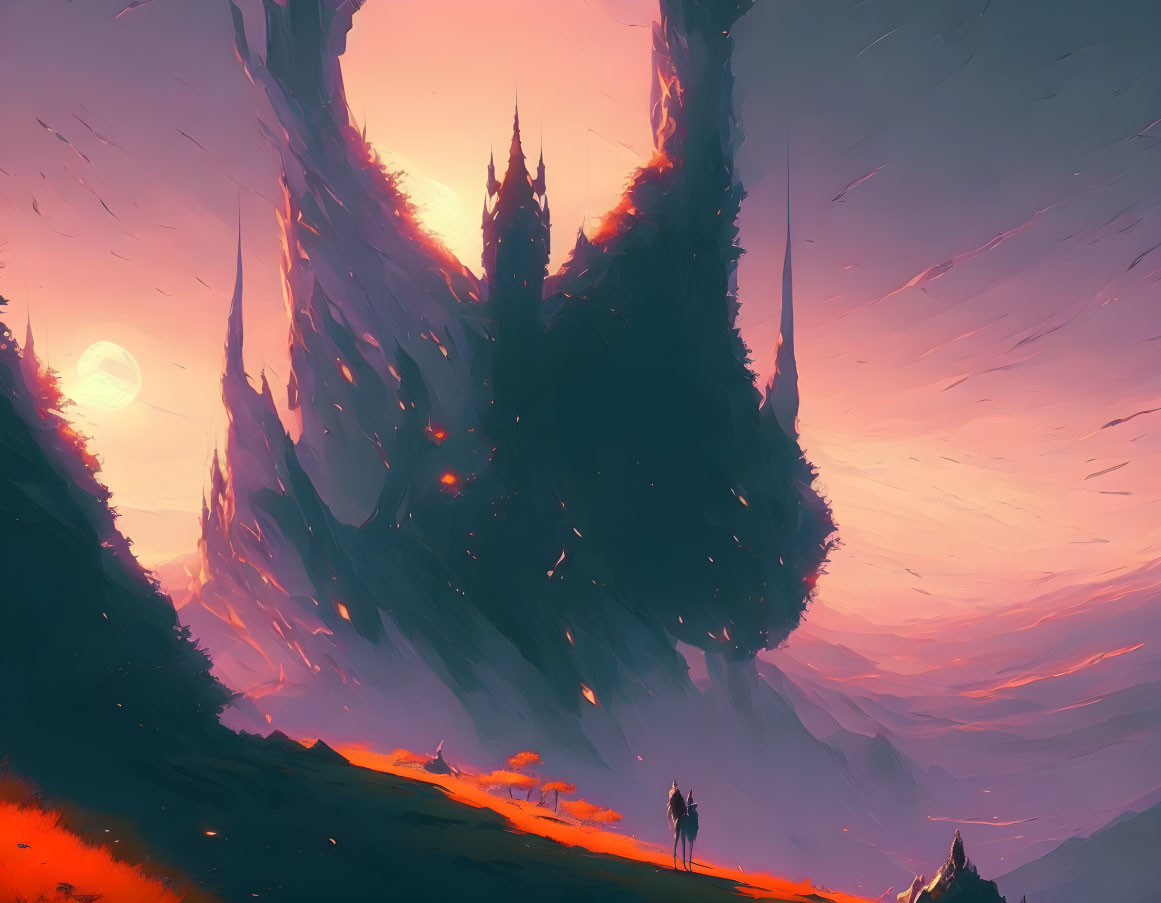 Fantastical sunset landscape with towering spires, pink moon, figures, and glowing flora