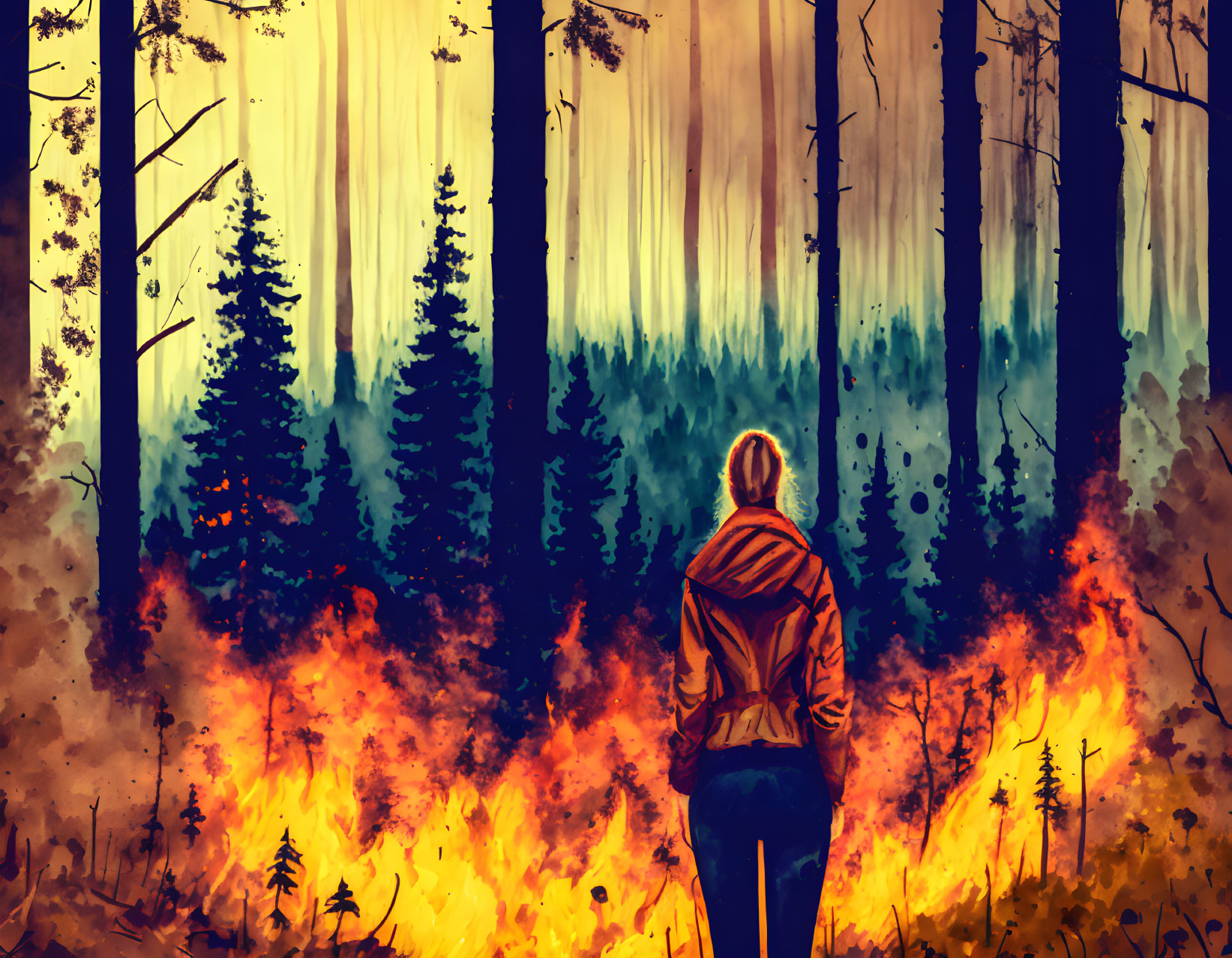 Person in orange jacket views forest fire with blazing underbrush.