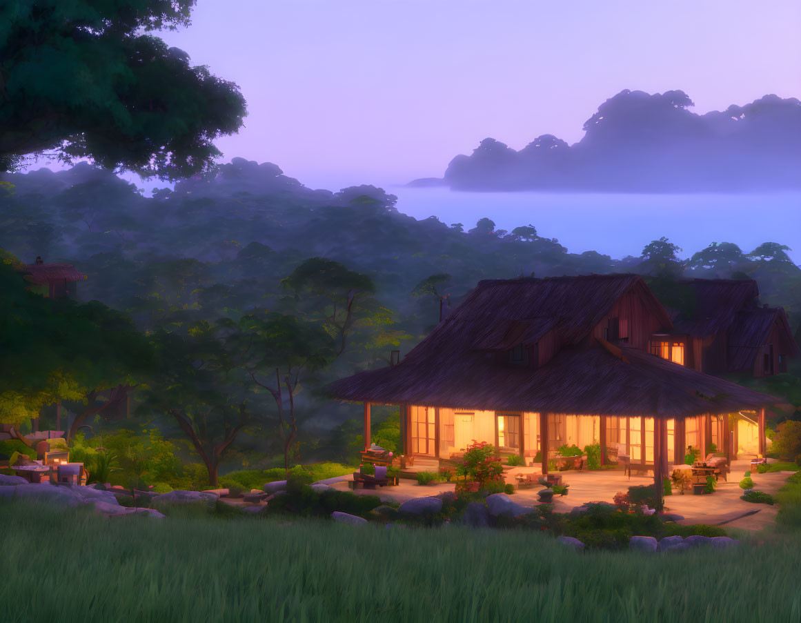 Traditional wooden house in lush forest at twilight