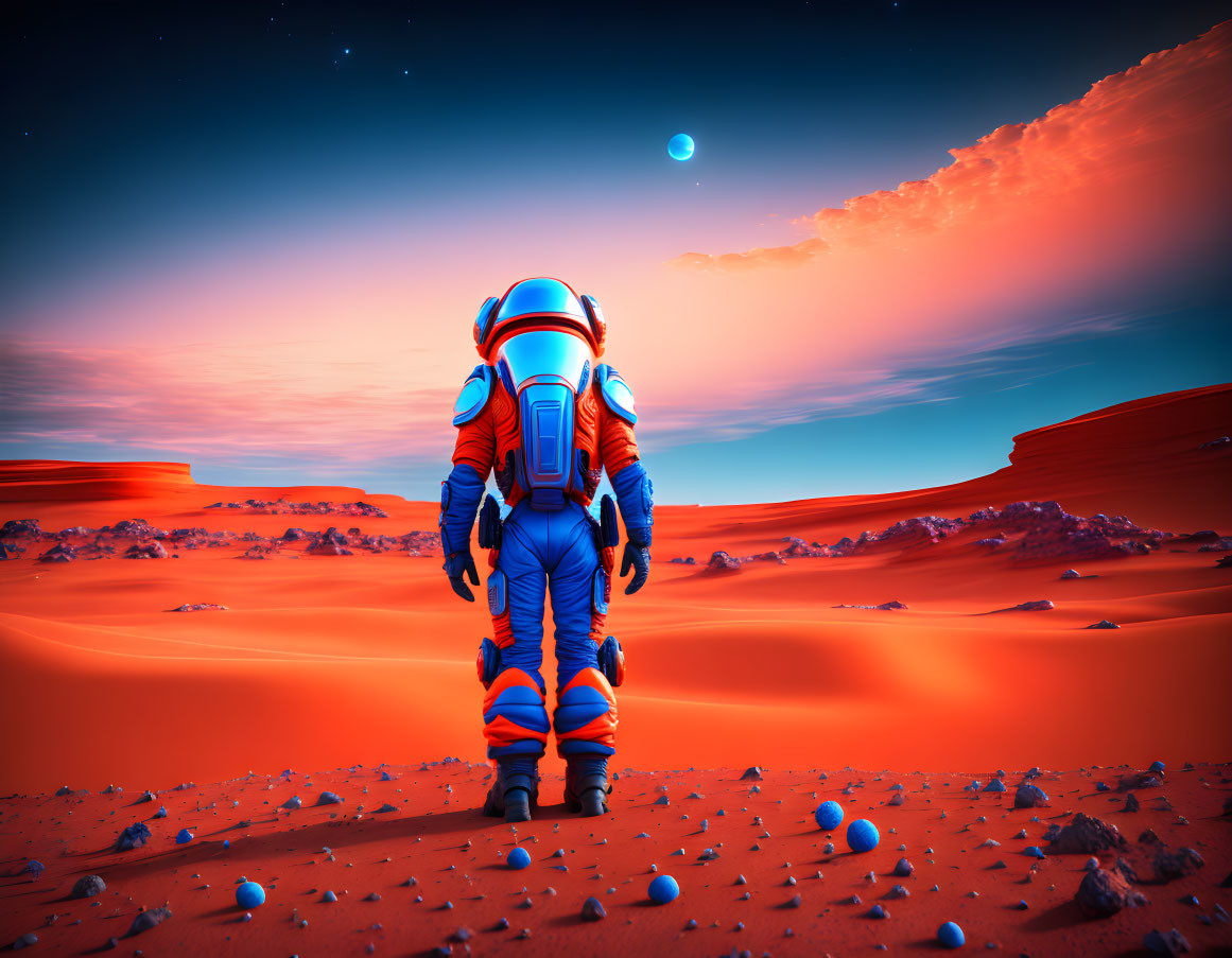 Astronaut in blue and white suit on red sandy surface under surreal sky