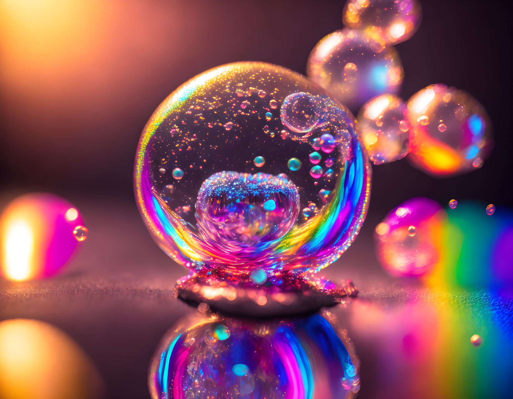 Vibrant soap bubbles with reflections on bright surface showcasing light refraction and bokeh effects.