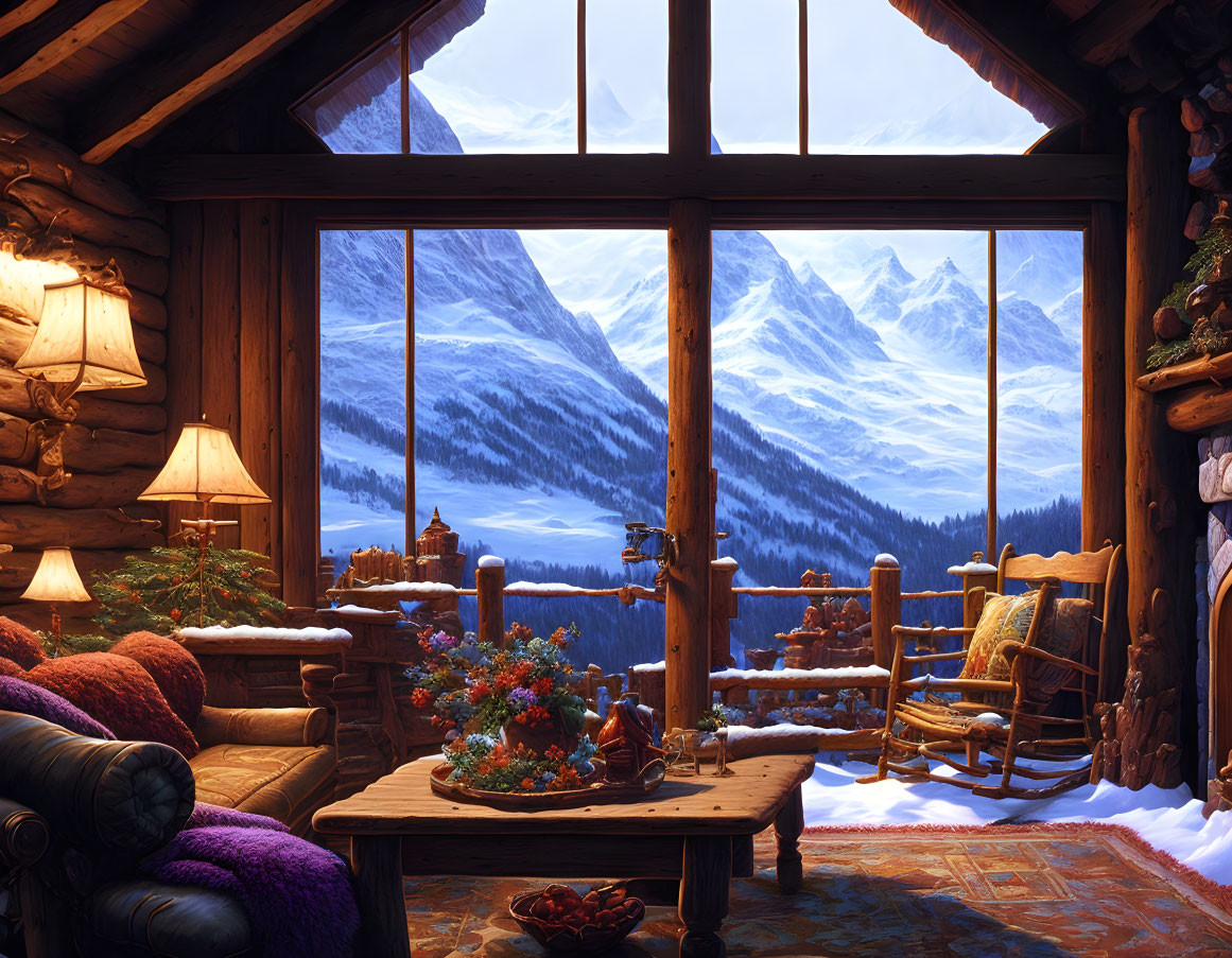 Festive Decor in Cozy Cabin Interior with Snowy Mountain View