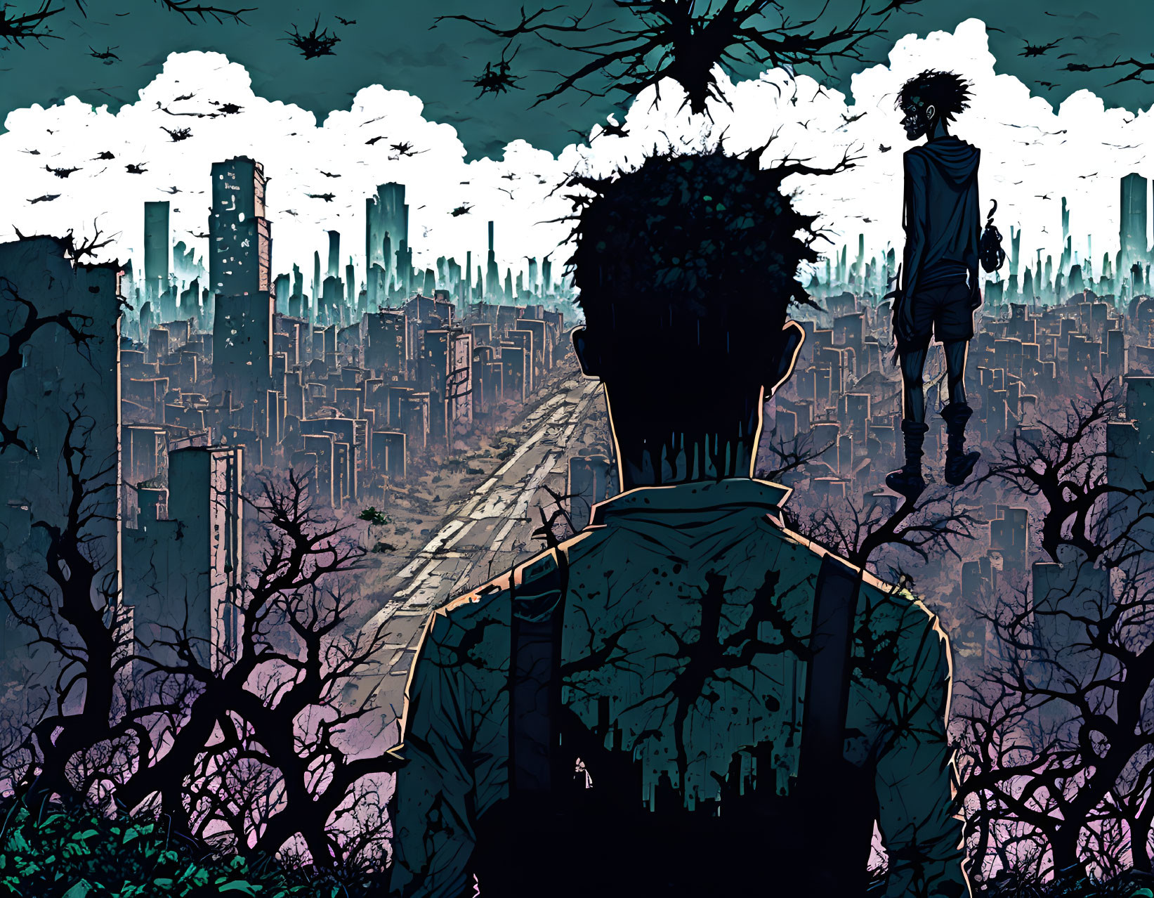 Person standing in post-apocalyptic cityscape with hovering figure and barren trees.