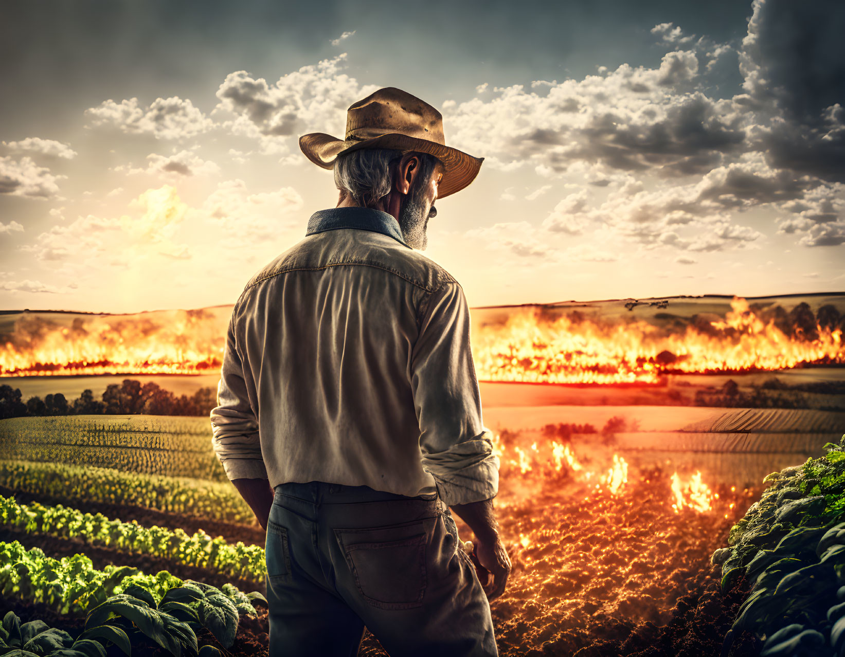 Farmer in Hat Observing Wildfire in Fields at Dusk