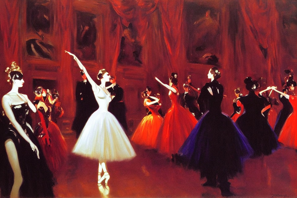 Vibrant red backdrop ballerinas in white dancing scene