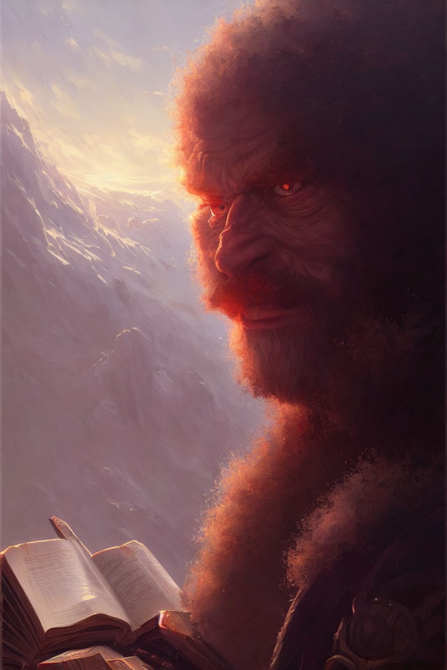 Bearded giant reading book in mountain landscape