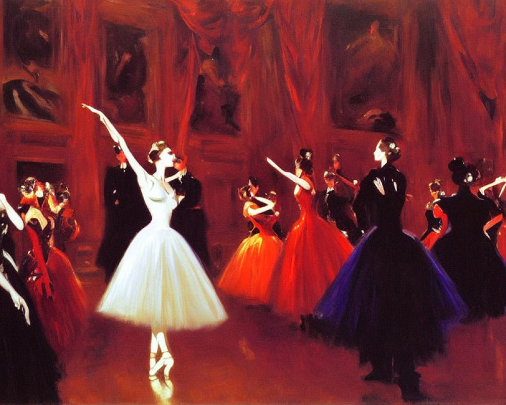 Vibrant red backdrop ballerinas in white dancing scene